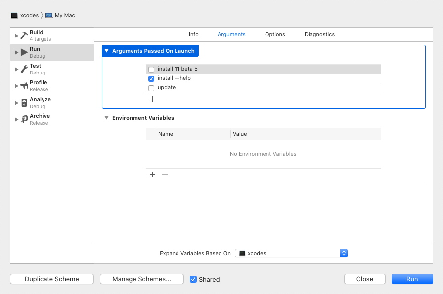 Xcode 编辑方案界面