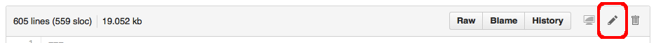 GitHub文件界面顶部菜单栏的截图，右上角的编辑图标被高亮显示