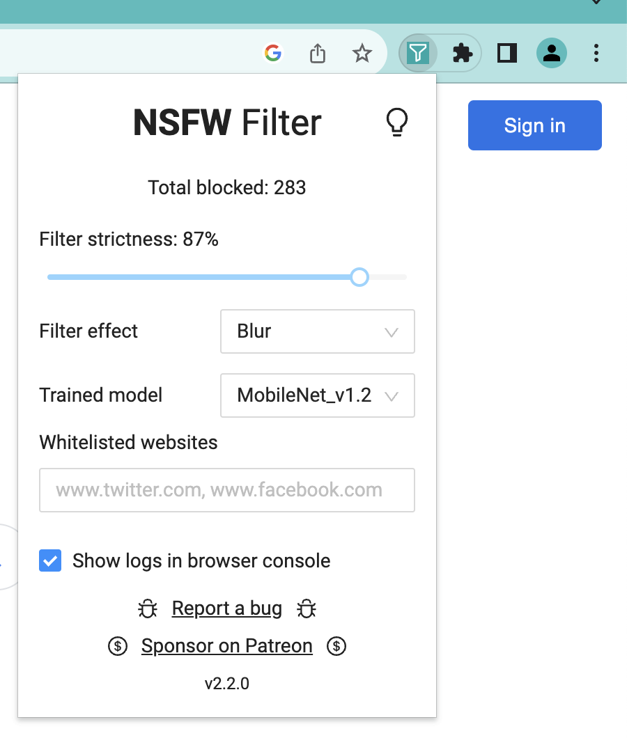 NSFW Filter设置界面