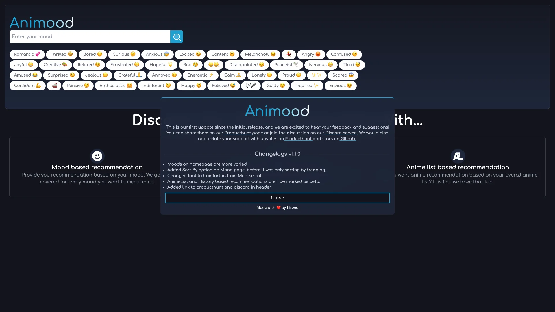 Animood 项目主页截图