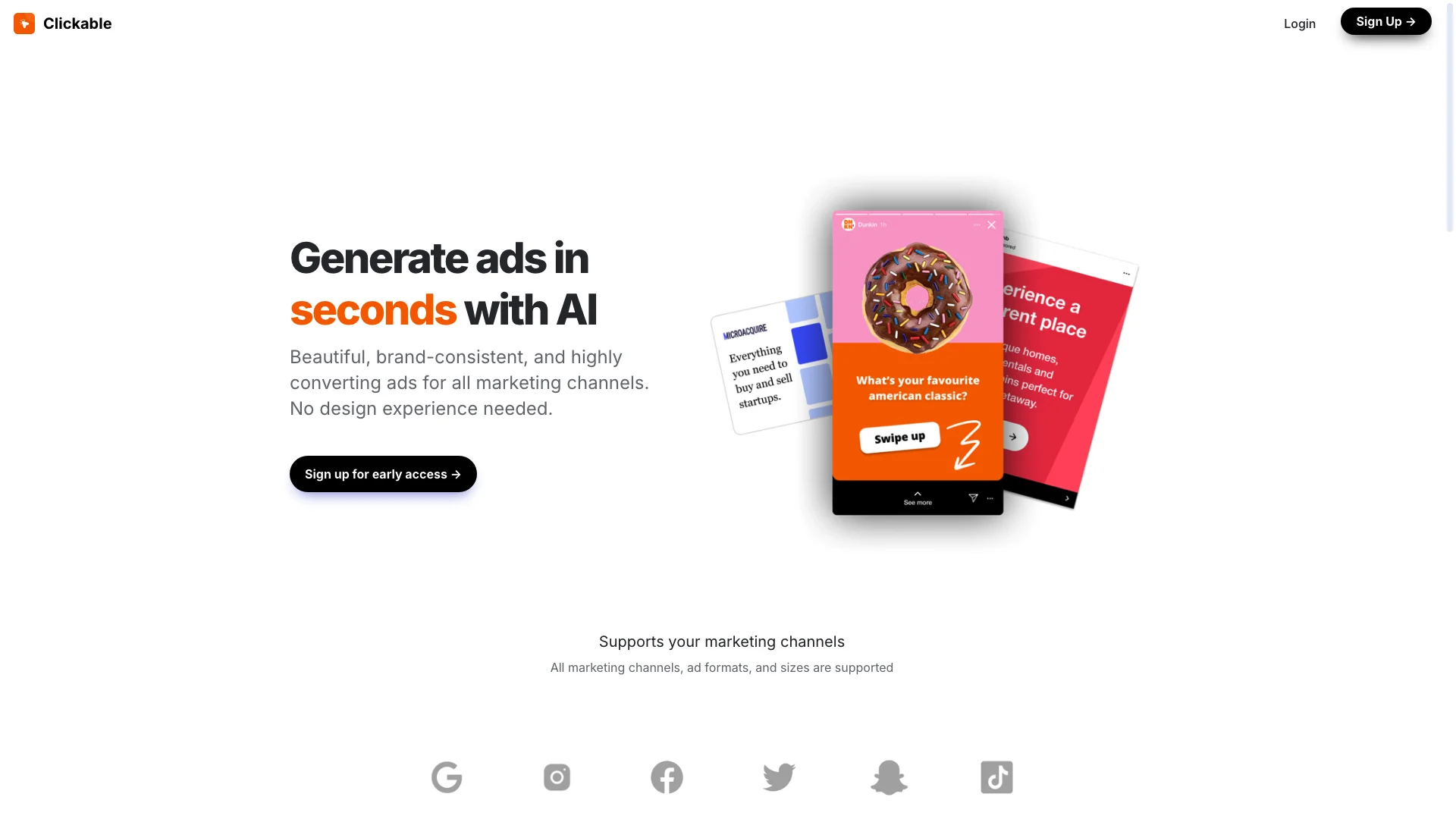 Generate ads in seconds with AI 主页截图