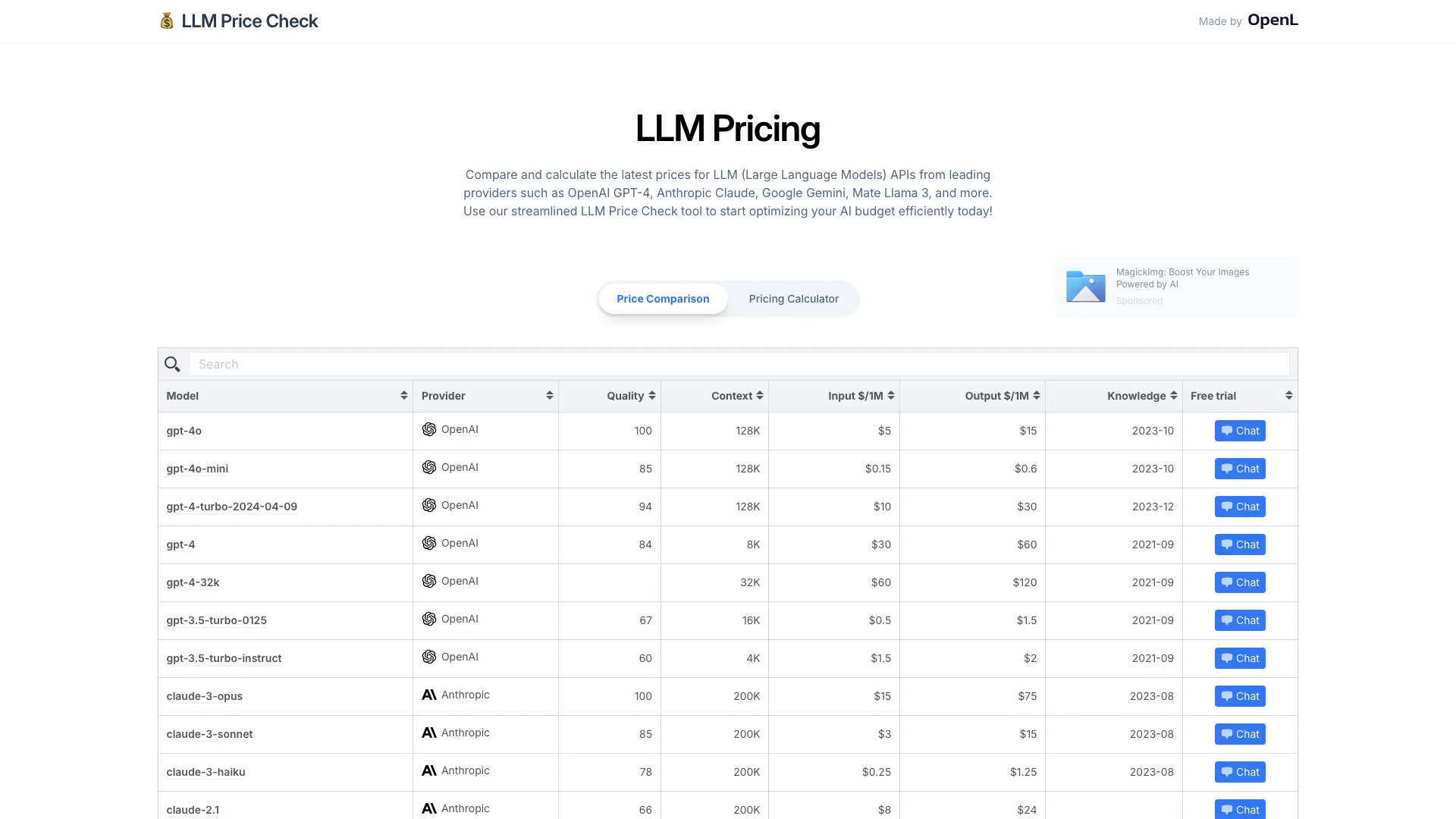 LLM Price Check 主页截图