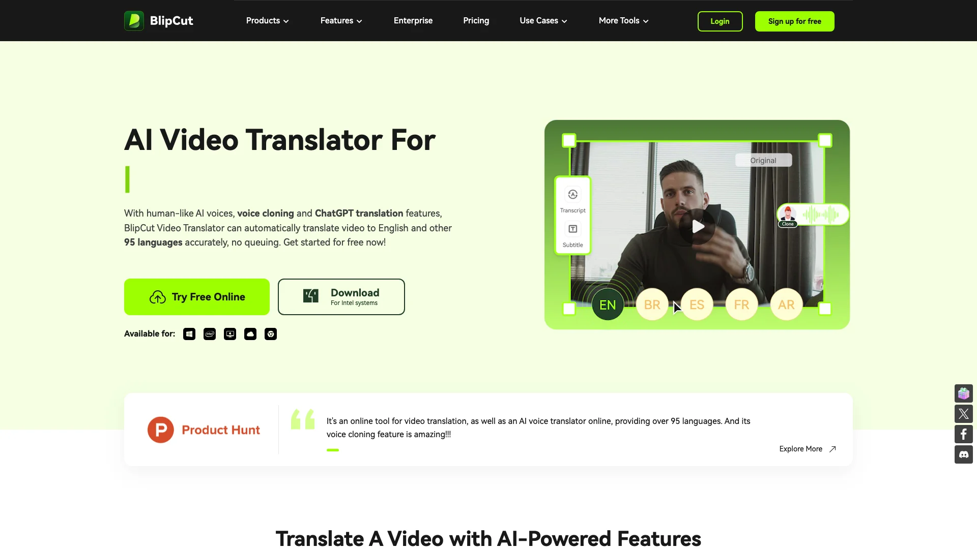 BlipCut AI Video Translator主页