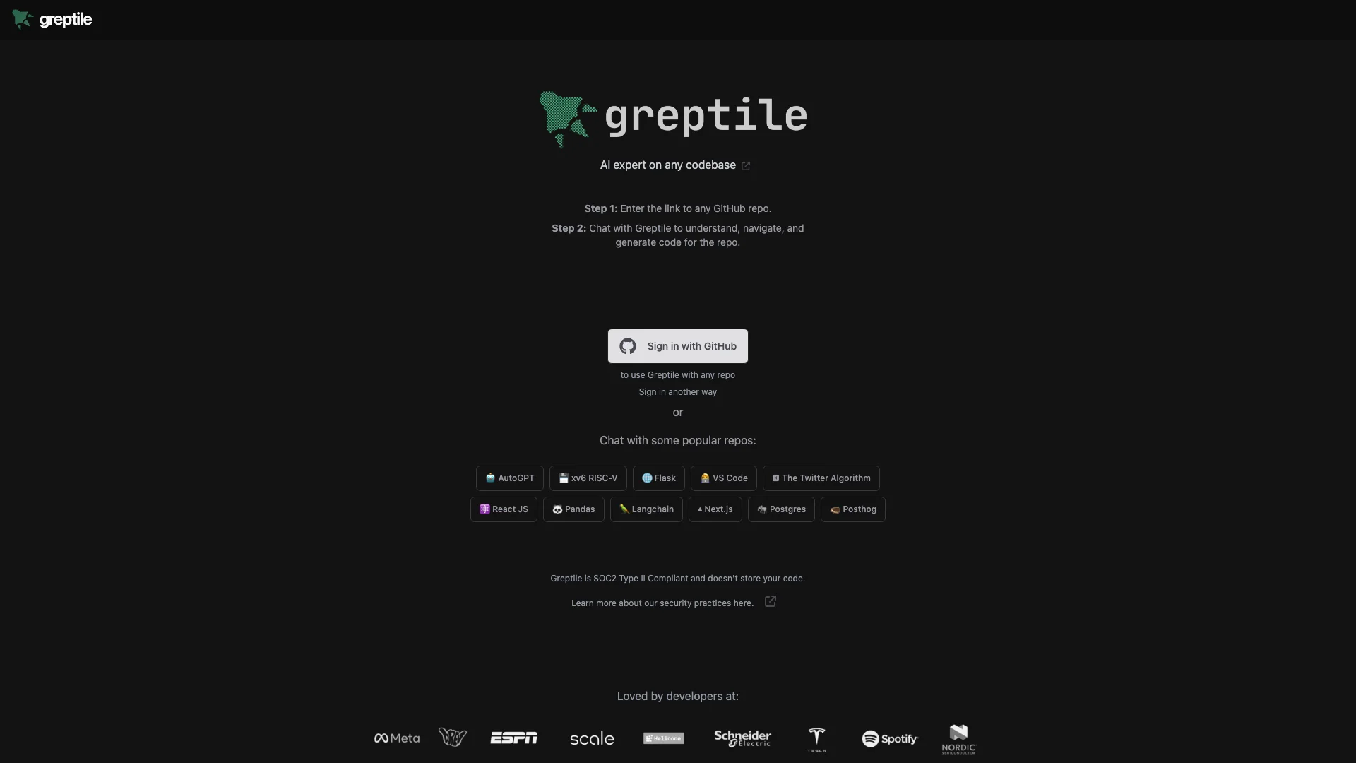 Greptile AI 项目主页截图