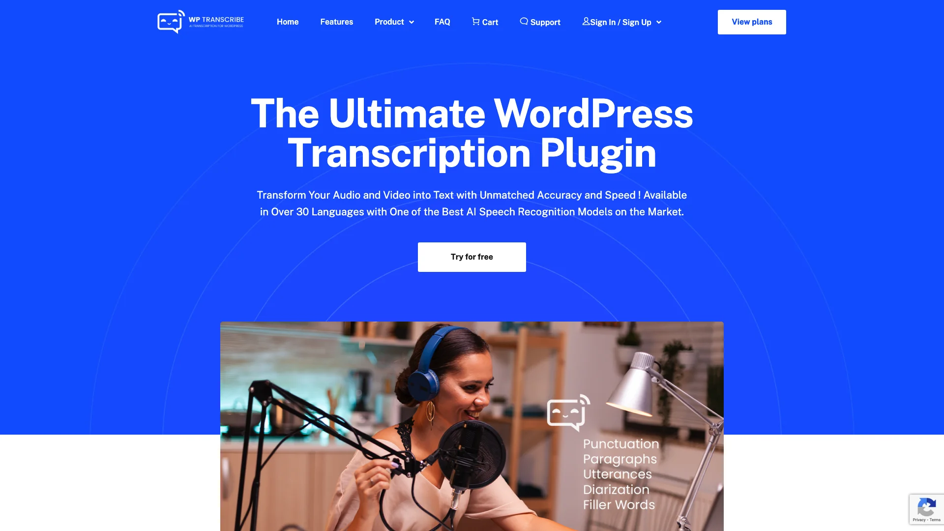 WordPress Transcribe AI 主页截图