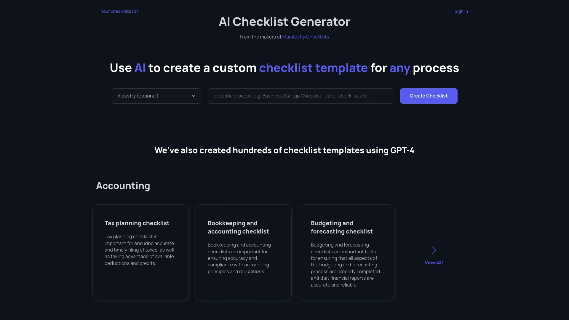 AI Checklist Generator 主页截图