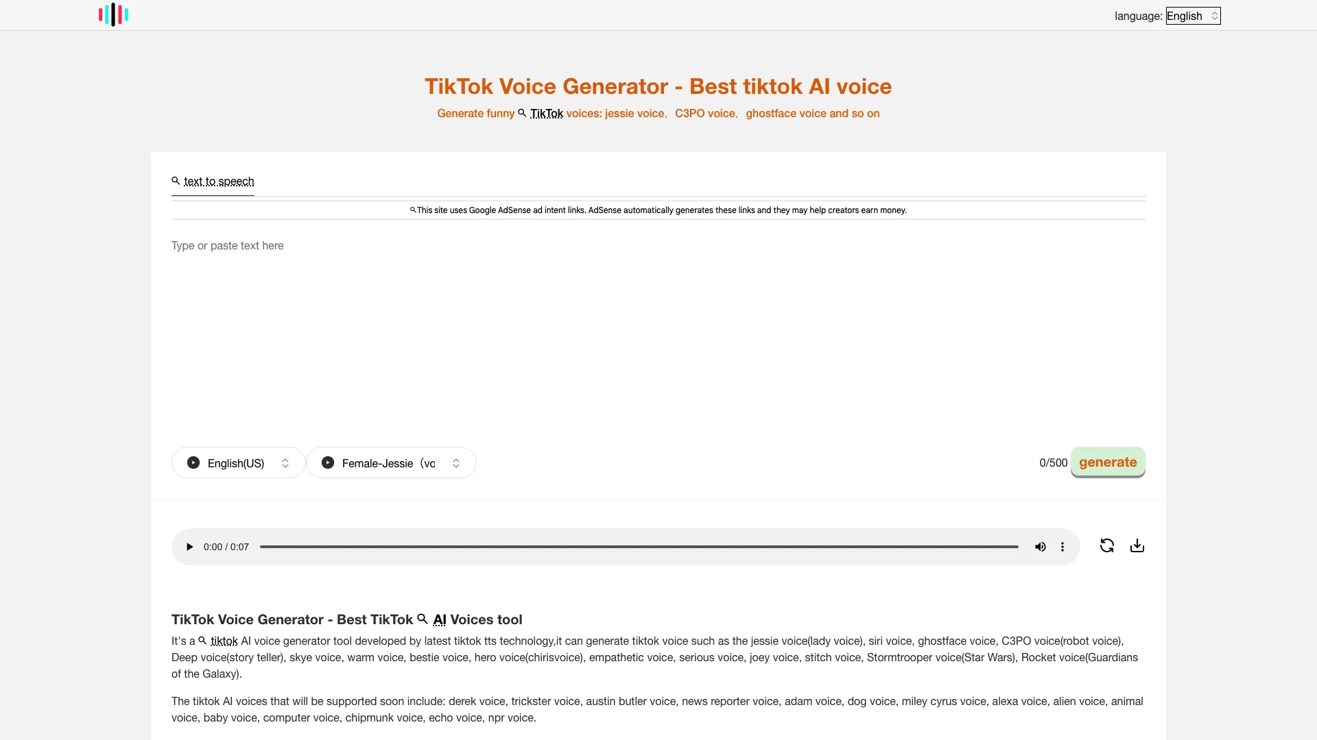 TikTok Voice Generator主页