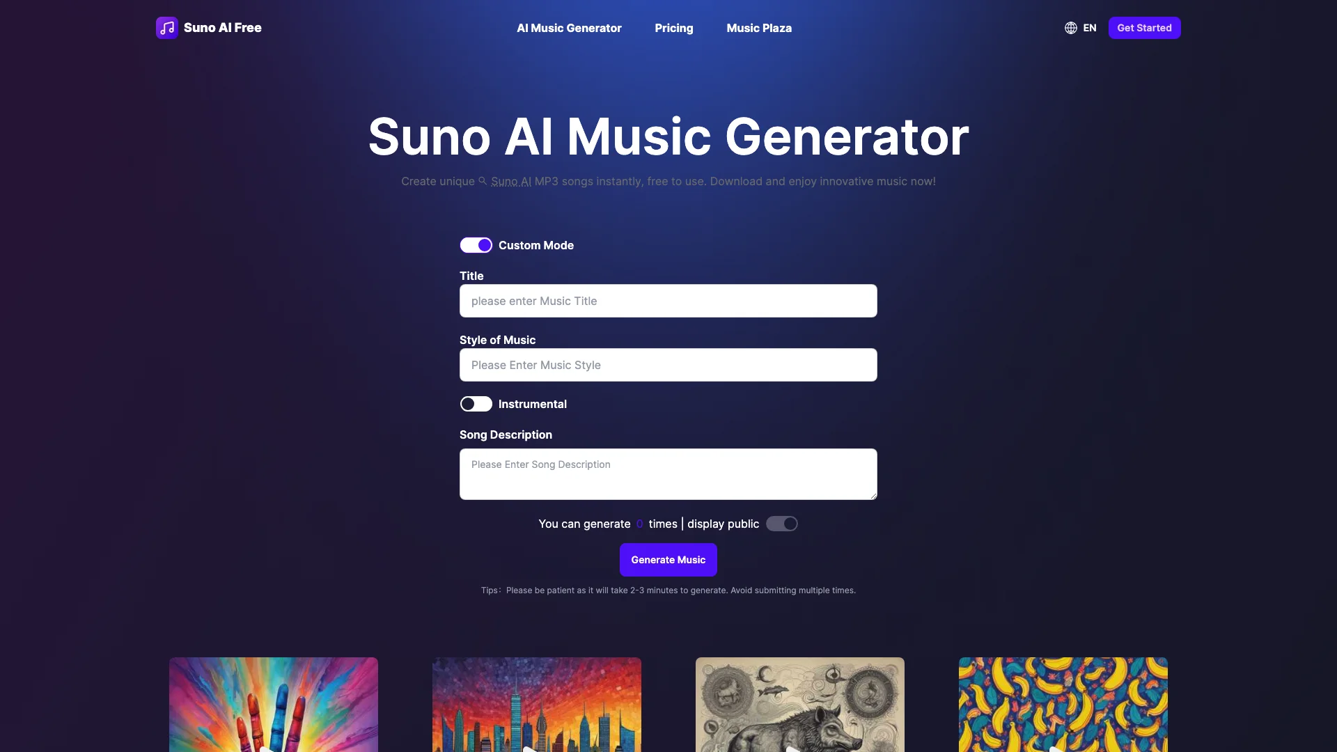 Suno AI Free 主页截图