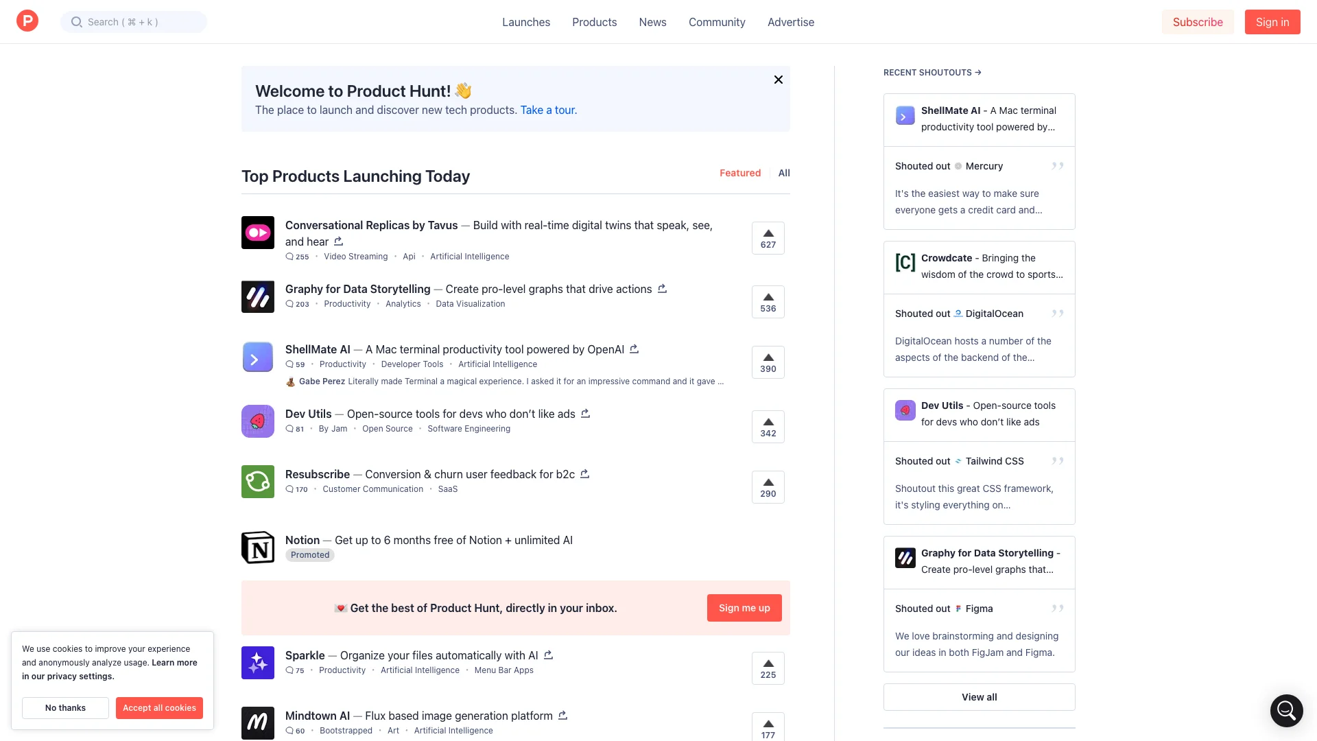 Product Hunt 主页截图
