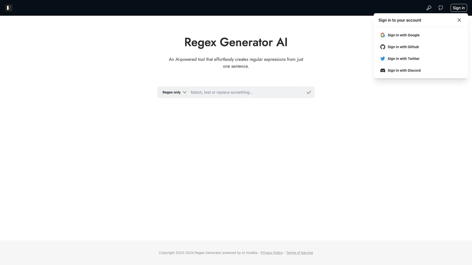 Regex Generator AI 主页截图