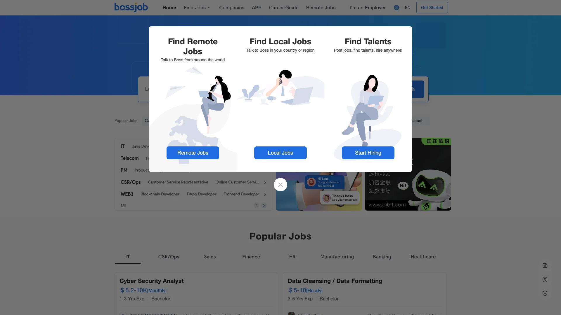 Bossjob Global & Remote 主页截图