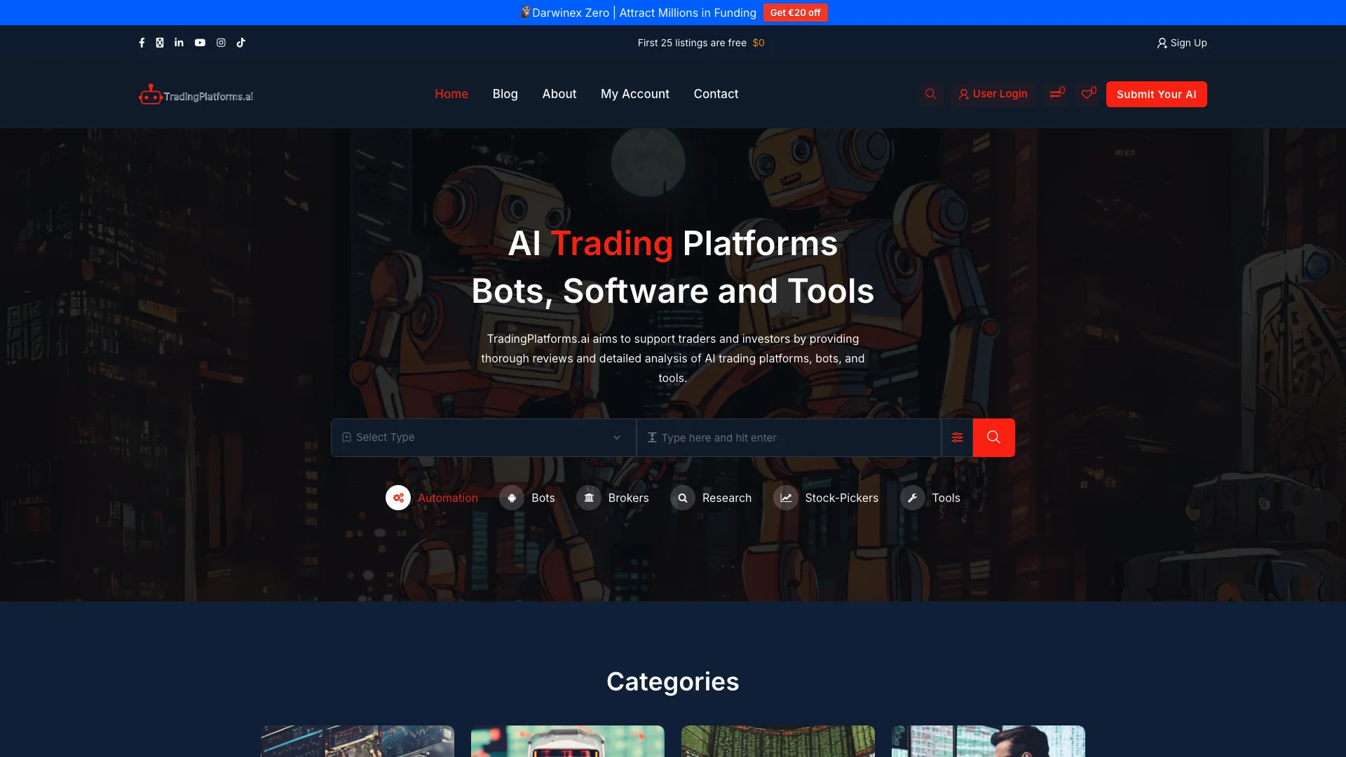 TradingPlatforms.ai 主页截图