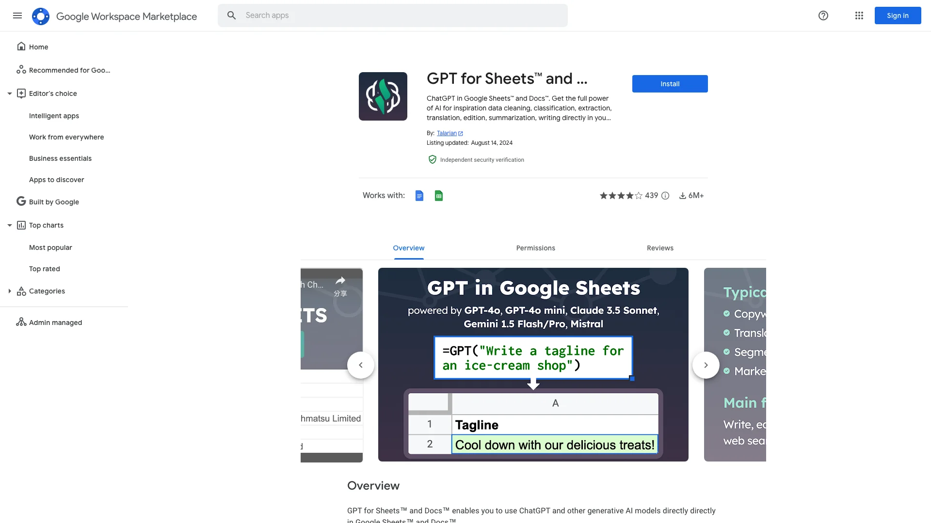 GPT for Sheets™ and Docs™ 主页截图