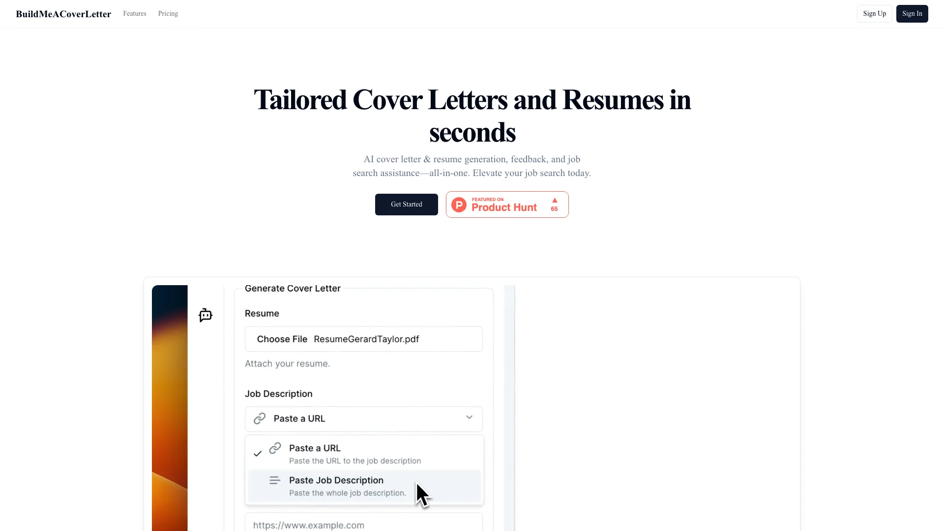 BuildMeACoverLetter主页截图