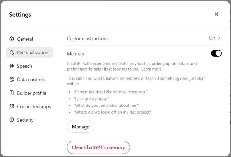 ChatGPT memory settings