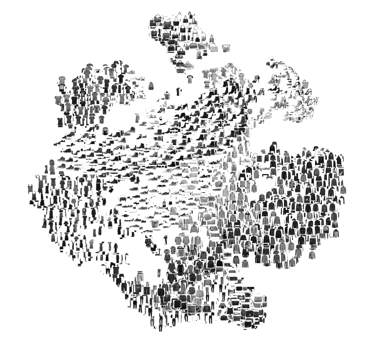 t-SNE on Fashion-MNIST (left) vs. MNIST (right)