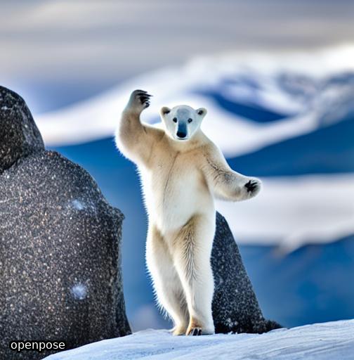 a polar bear standing on a rock with mountains in the background